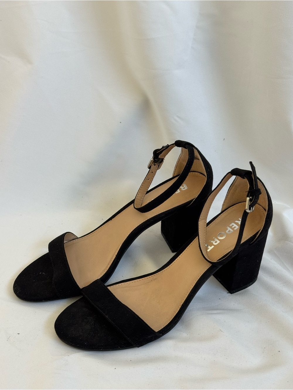 Report Black Suede Block Heel Ankle Strap Sandals